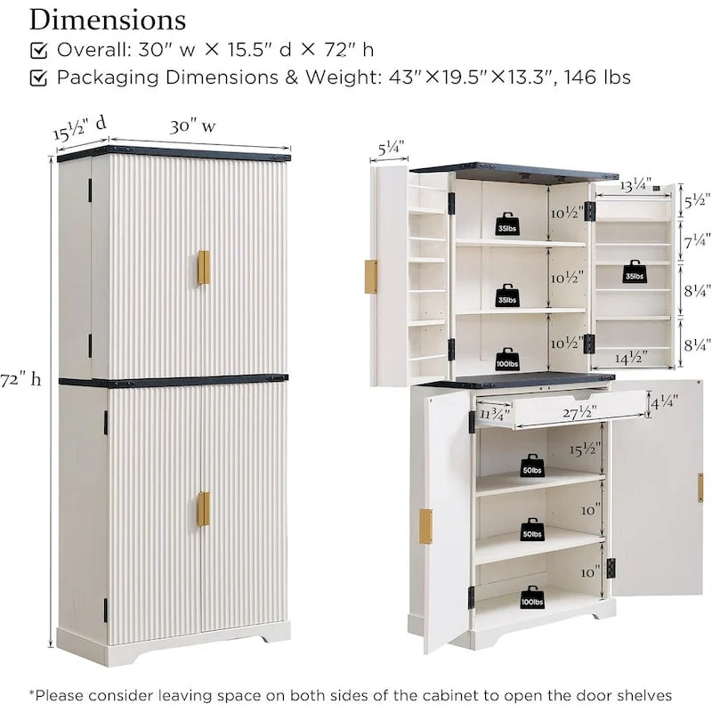 Armoire de rangement moderne de 183 cm de hauteur avec 4 portes et cannelures