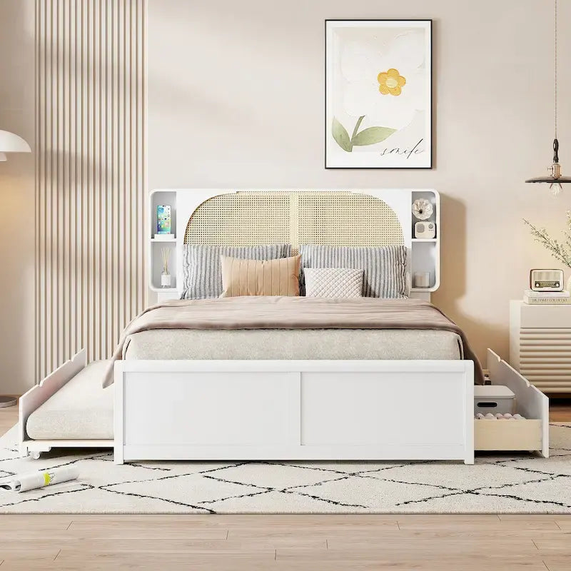 Queen Size Rattan Headboard Bed with Two Storage Drawers and Trundle, White