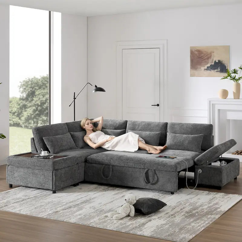 107 Canapé sectionnel modulaire surdimensionné en chenille avec lit gigogne et pouf de rangement mobile