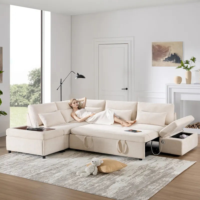 107 Oversized Chenille Modular Sectional Pull-out Sofa, Free Movement Storage Ottoman