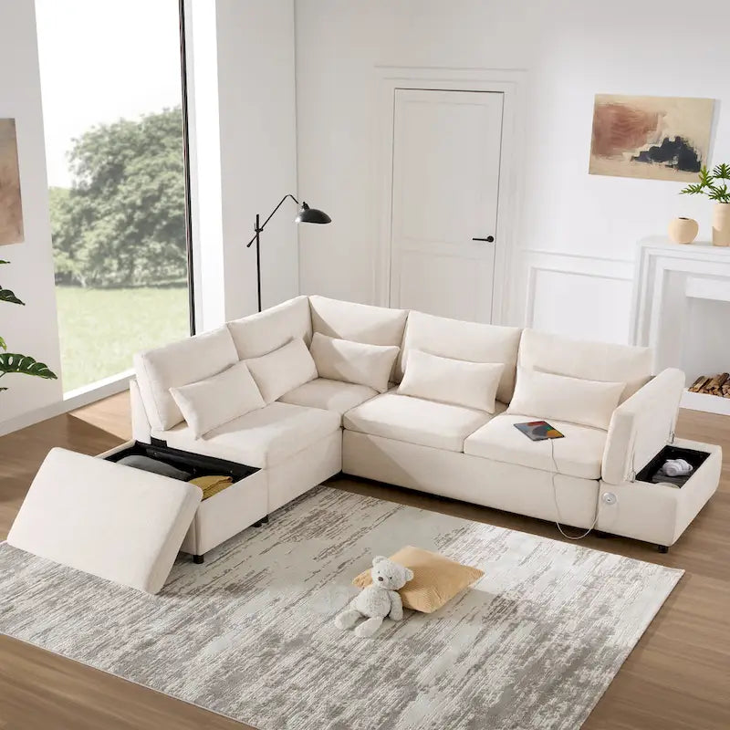 107 Canapé sectionnel modulaire surdimensionné en chenille avec lit gigogne et pouf de rangement mobile