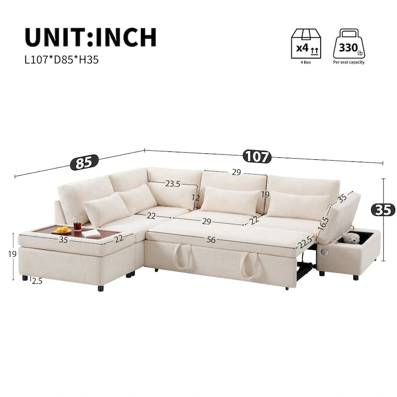 107 Canapé sectionnel modulaire surdimensionné en chenille avec lit gigogne et pouf de rangement mobile