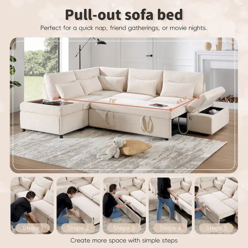 107 Canapé sectionnel modulaire surdimensionné en chenille avec lit gigogne et pouf de rangement mobile