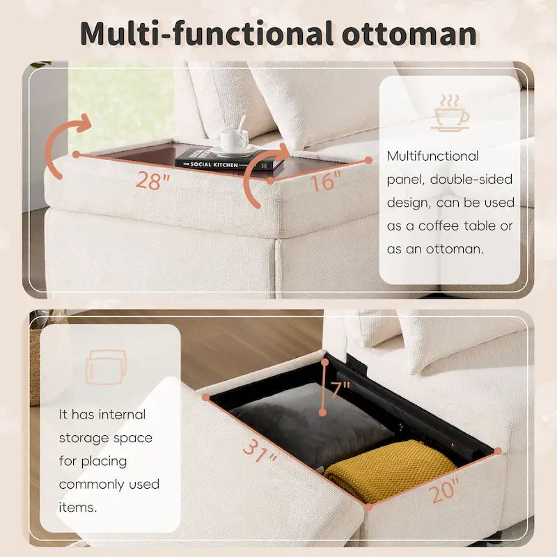 107 Canapé sectionnel modulaire surdimensionné en chenille avec lit gigogne et pouf de rangement mobile