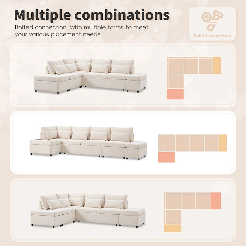 107 Canapé sectionnel modulaire surdimensionné en chenille avec lit gigogne et pouf de rangement mobile