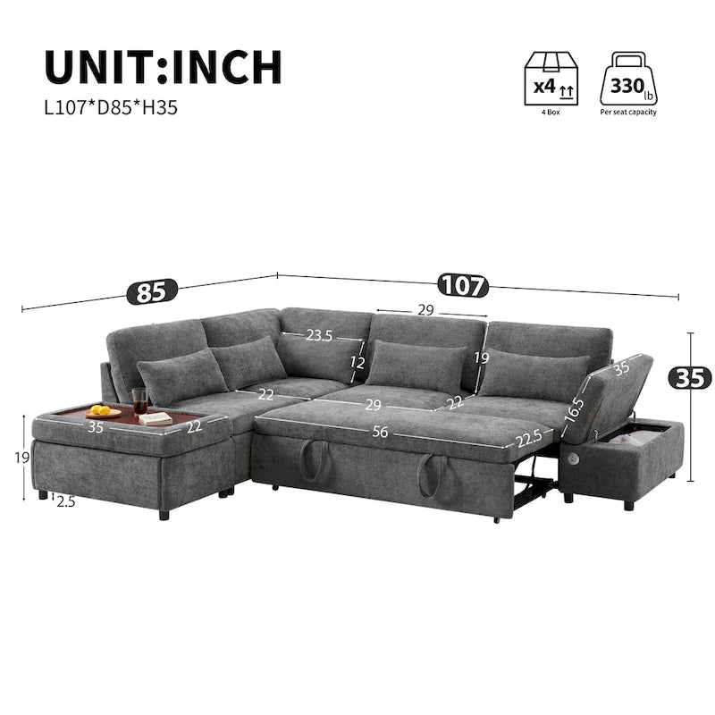 107 Canapé sectionnel modulaire surdimensionné en chenille avec lit gigogne et pouf de rangement mobile
