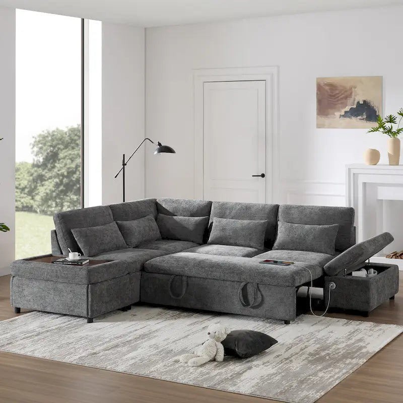 107 Canapé sectionnel modulaire surdimensionné en chenille avec lit gigogne et pouf de rangement mobile