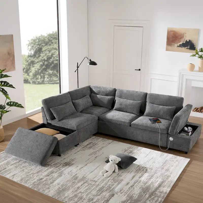 107 Canapé sectionnel modulaire surdimensionné en chenille avec lit gigogne et pouf de rangement mobile