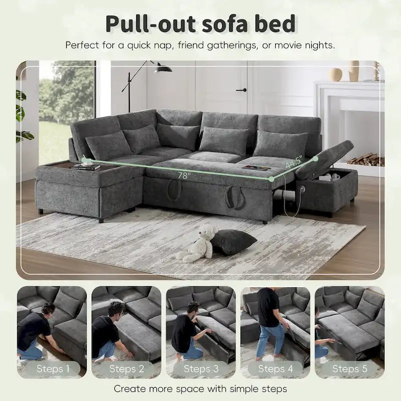 107 Canapé sectionnel modulaire surdimensionné en chenille avec lit gigogne et pouf de rangement mobile