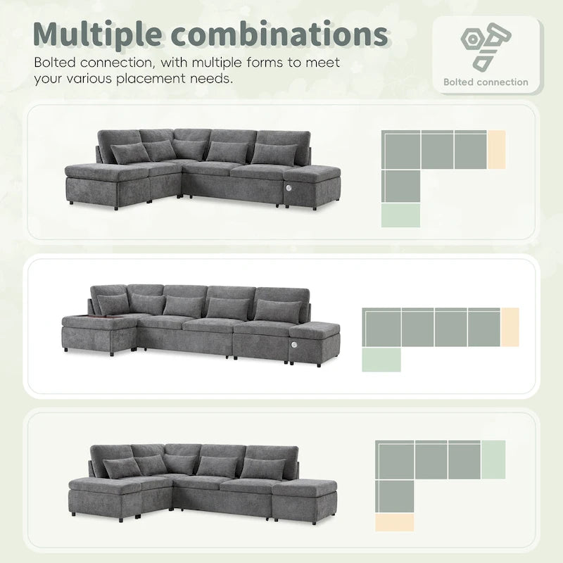 107 Canapé sectionnel modulaire surdimensionné en chenille avec lit gigogne et pouf de rangement mobile