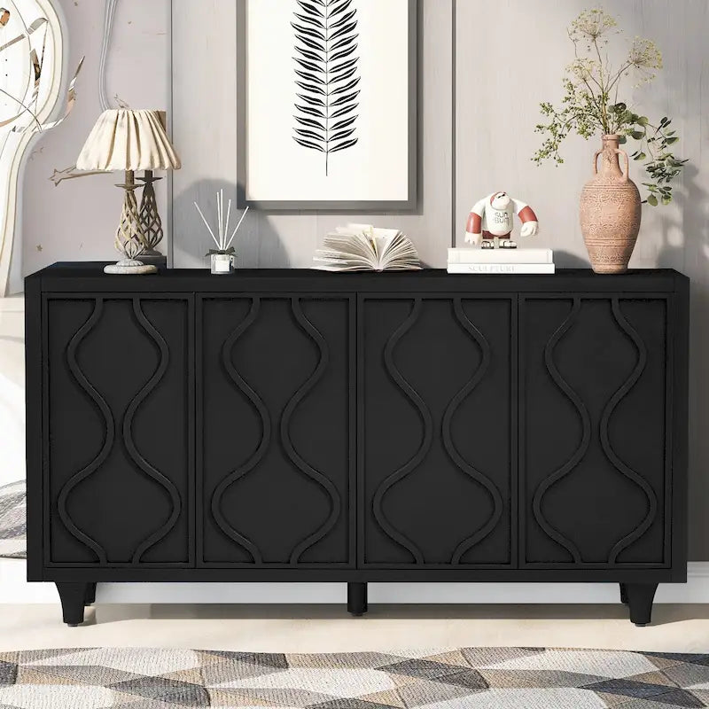 Meuble de rangement élégant, buffet en bois avec portes incurvées et gaufrées, adapté aux salons, entrées et bureaux