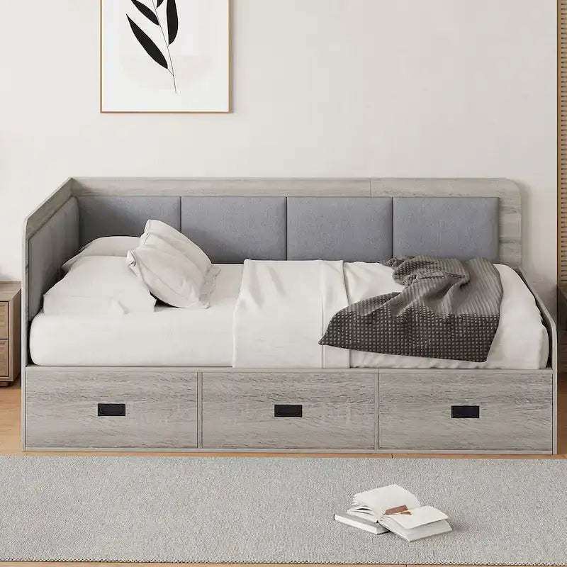 Cadre de lit de repos en bois avec rangements, en forme de L, avec 3 tiroirs de rangement et 3 compartiments de rangement intégrés