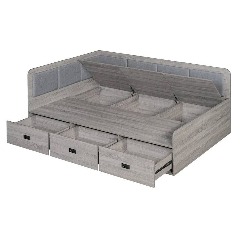 Cadre de lit de repos en bois avec rangements, en forme de L, avec 3 tiroirs de rangement et 3 compartiments de rangement intégrés