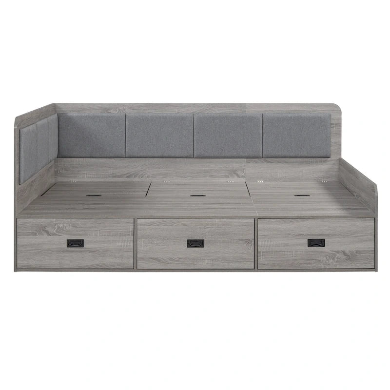 Cadre de lit de repos en bois avec rangements, en forme de L, avec 3 tiroirs de rangement et 3 compartiments de rangement intégrés
