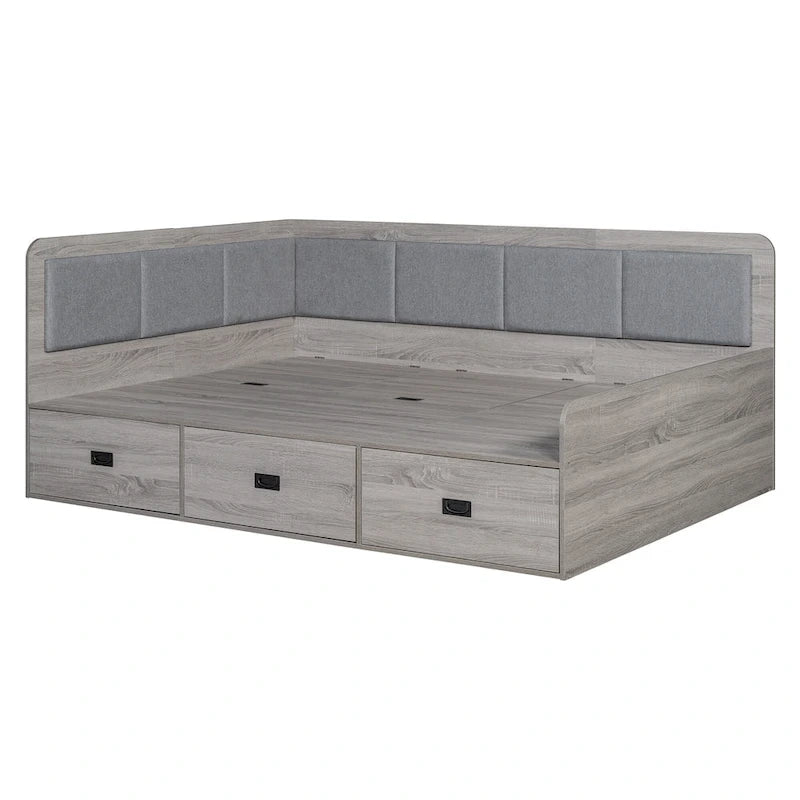 Cadre de lit de repos en bois avec rangements, en forme de L, avec 3 tiroirs de rangement et 3 compartiments de rangement intégrés