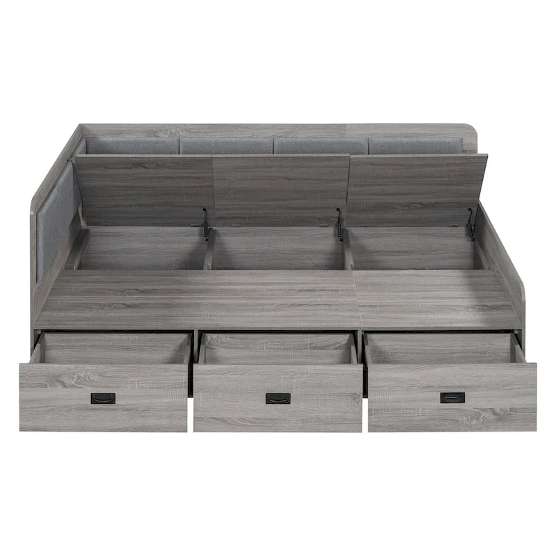 Cadre de lit de repos en bois avec rangements, en forme de L, avec 3 tiroirs de rangement et 3 compartiments de rangement intégrés
