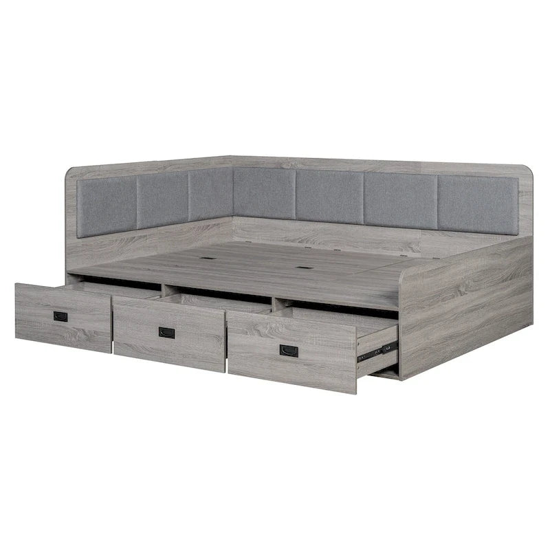 Cadre de lit de repos en bois avec rangements, en forme de L, avec 3 tiroirs de rangement et 3 compartiments de rangement intégrés