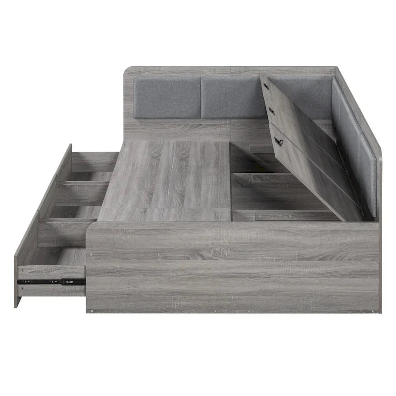 Cadre de lit de repos en bois avec rangements, en forme de L, avec 3 tiroirs de rangement et 3 compartiments de rangement intégrés