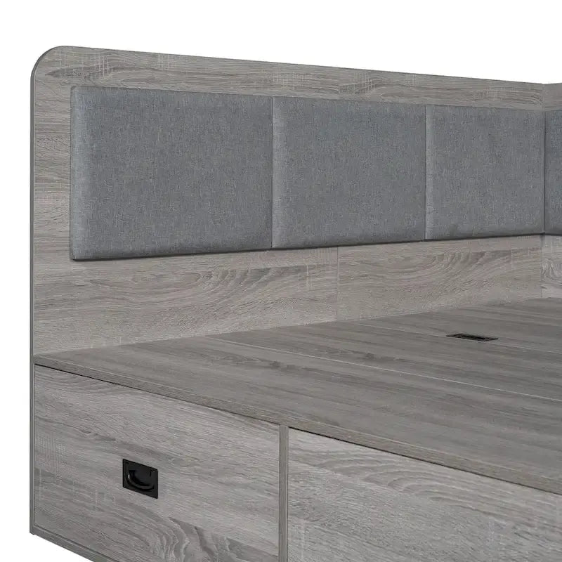 Cadre de lit de repos en bois avec rangements, en forme de L, avec 3 tiroirs de rangement et 3 compartiments de rangement intégrés