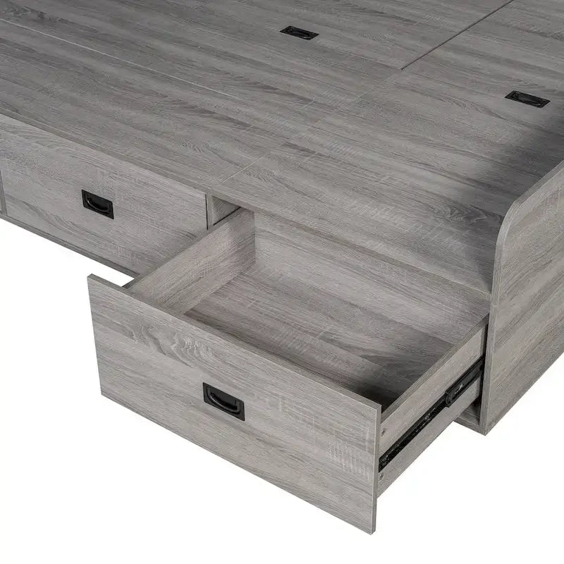 Cadre de lit de repos en bois avec rangements, en forme de L, avec 3 tiroirs de rangement et 3 compartiments de rangement intégrés
