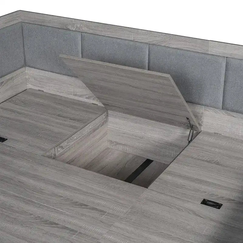 Cadre de lit de repos en bois avec rangements, en forme de L, avec 3 tiroirs de rangement et 3 compartiments de rangement intégrés