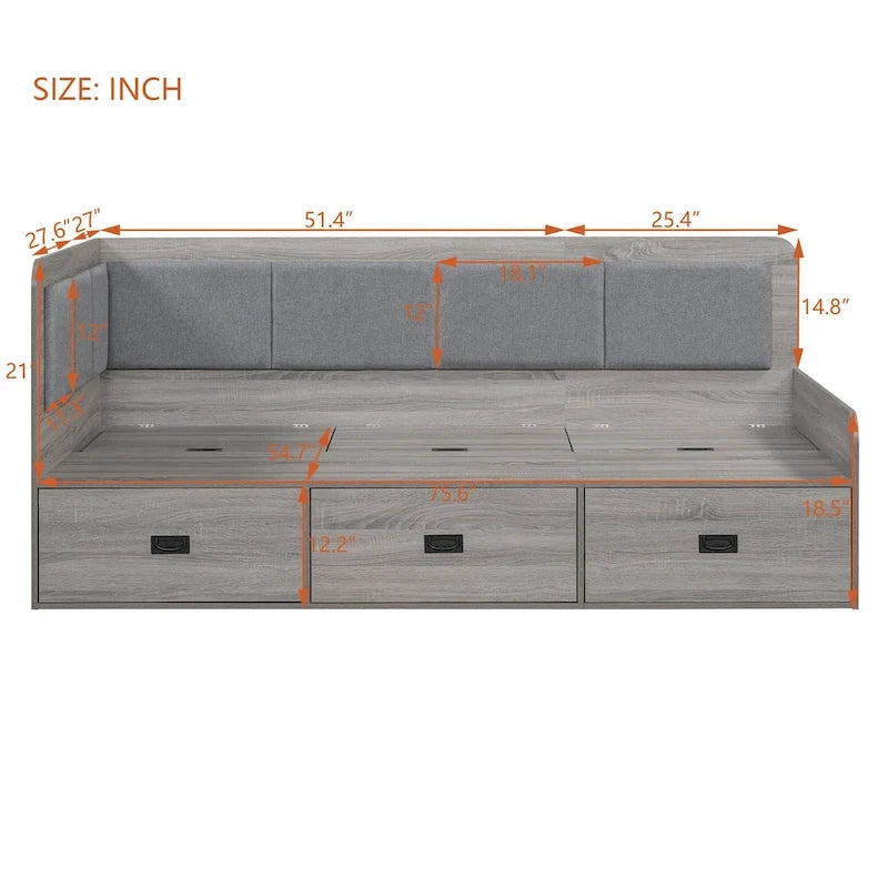 Cadre de lit de repos en bois avec rangements, en forme de L, avec 3 tiroirs de rangement et 3 compartiments de rangement intégrés