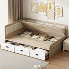 Cadre de lit de repos en bois avec rangements, en forme de L, avec 3 tiroirs de rangement et 3 compartiments de rangement intégrés