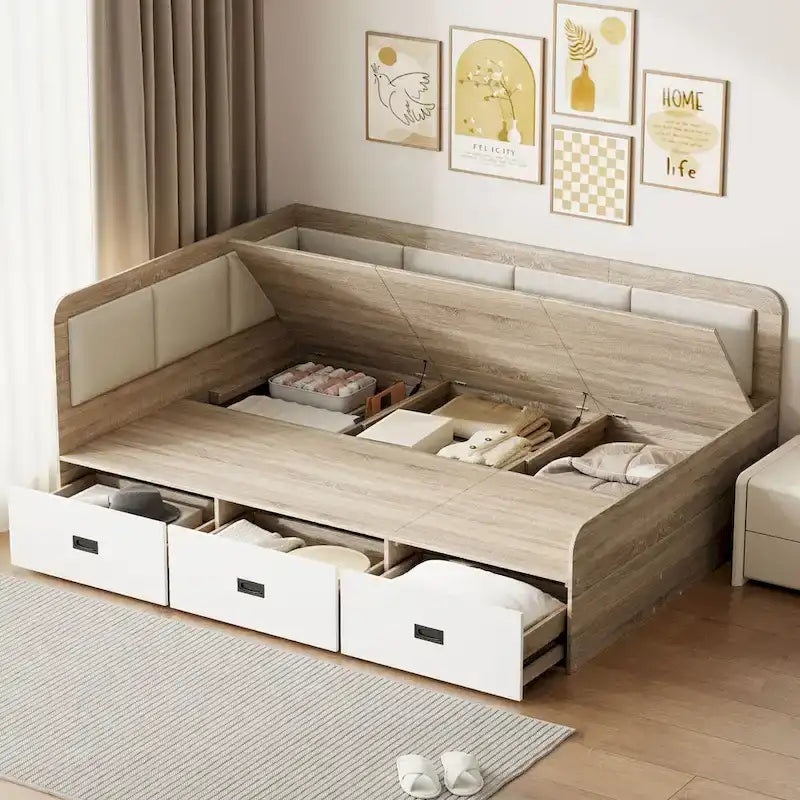 Cadre de lit de repos en bois avec rangements, en forme de L, avec 3 tiroirs de rangement et 3 compartiments de rangement intégrés