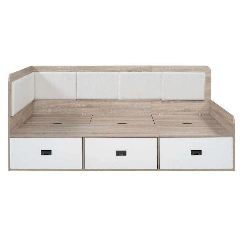 Cadre de lit de repos en bois avec rangements, en forme de L, avec 3 tiroirs de rangement et 3 compartiments de rangement intégrés