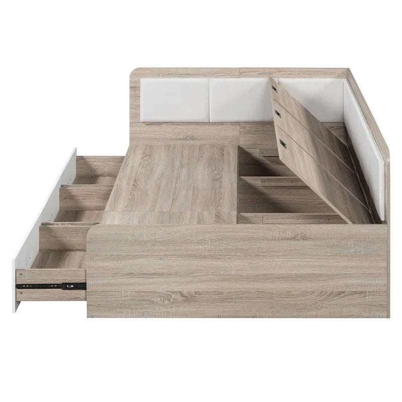 Cadre de lit de repos en bois avec rangements, en forme de L, avec 3 tiroirs de rangement et 3 compartiments de rangement intégrés