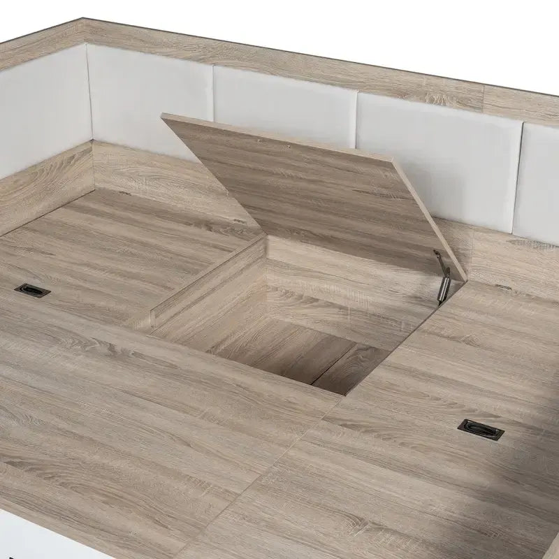 Cadre de lit de repos en bois avec rangements, en forme de L, avec 3 tiroirs de rangement et 3 compartiments de rangement intégrés