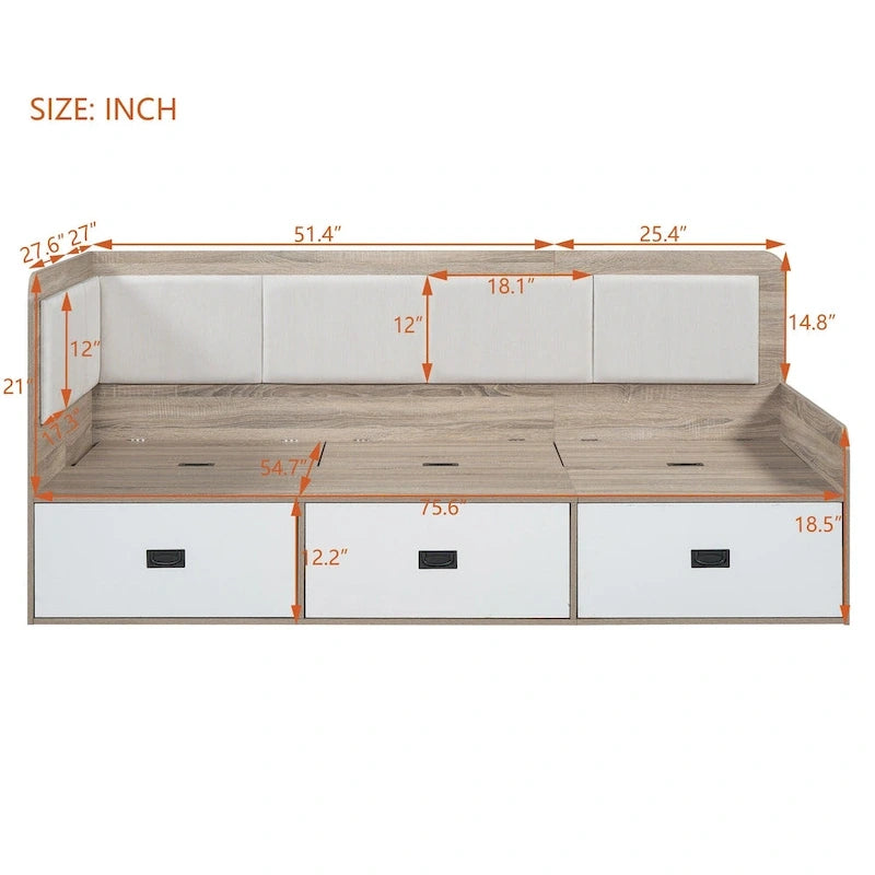 Cadre de lit de repos en bois avec rangements, en forme de L, avec 3 tiroirs de rangement et 3 compartiments de rangement intégrés