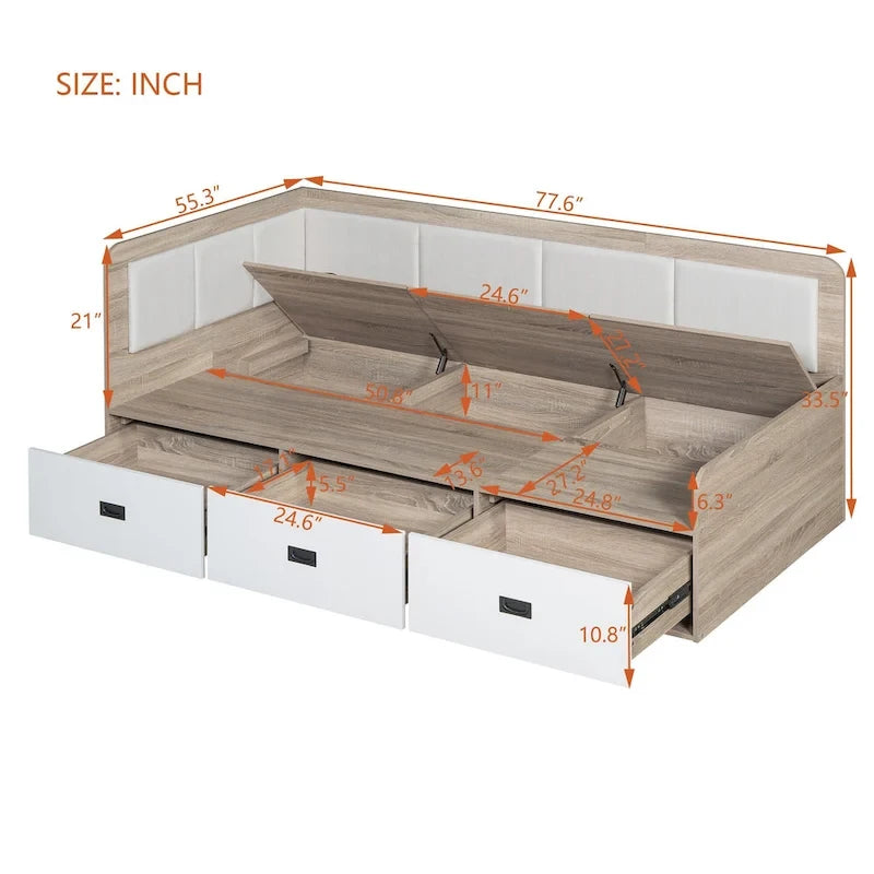 Cadre de lit de repos en bois avec rangements, en forme de L, avec 3 tiroirs de rangement et 3 compartiments de rangement intégrés