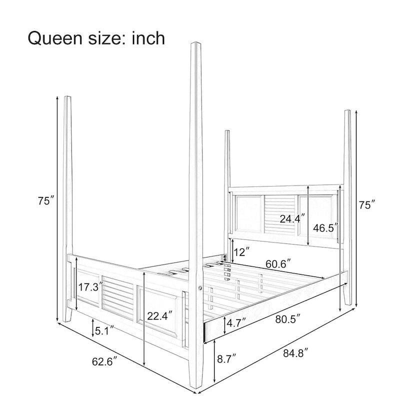 Queen Solid Pine Four Poster Bed with 75 Tall Frame