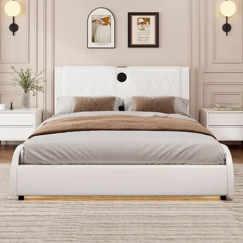 King LED Bed Frame with Bluetooth Speakers & Leather Upholstery