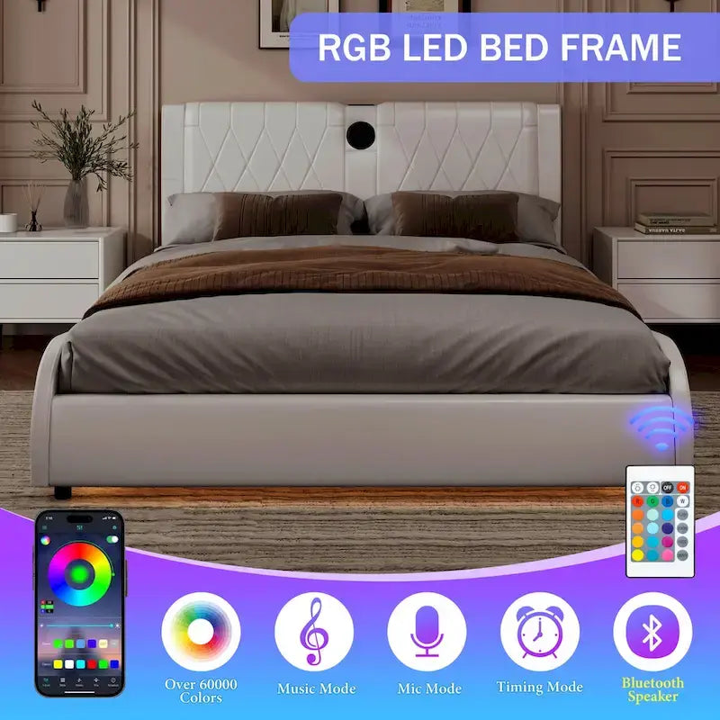 King LED Bed Frame with Bluetooth Speakers & Leather Upholstery