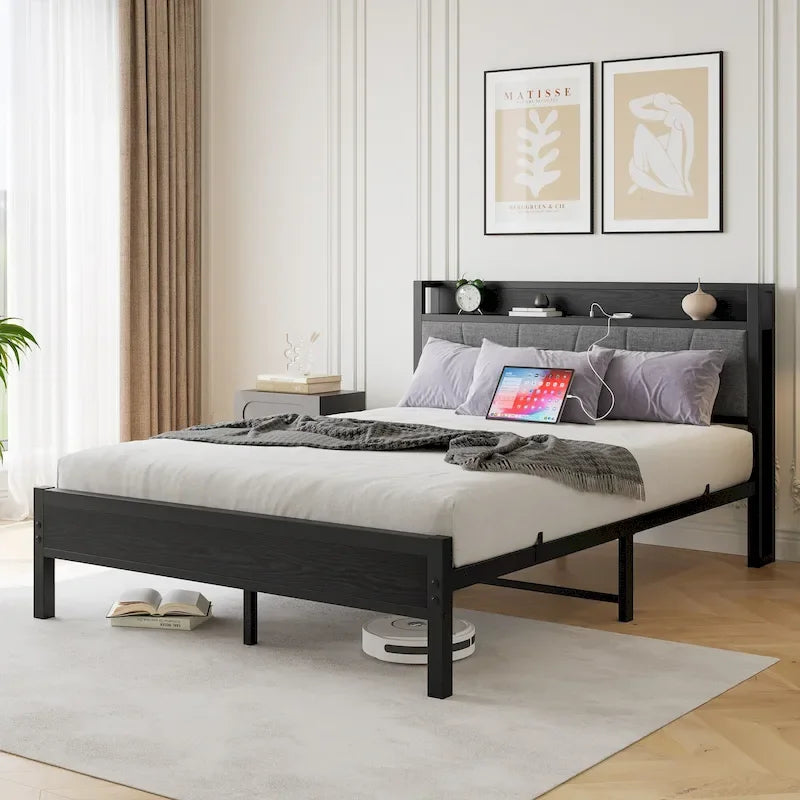 Lit plateforme Queen avec tête de lit de rangement et ports USB