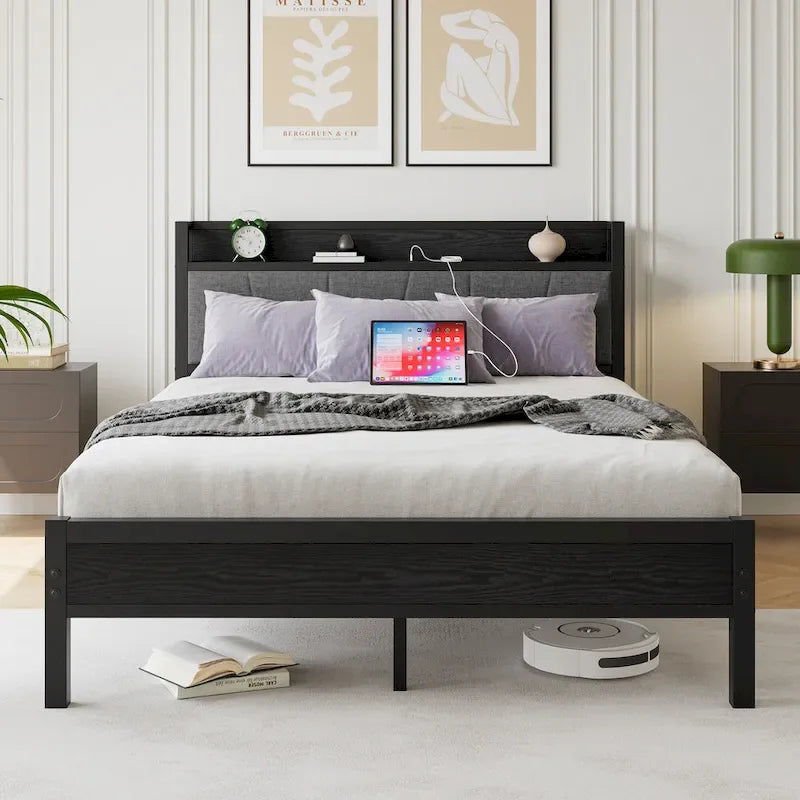 Lit plateforme Queen avec tête de lit de rangement et ports USB