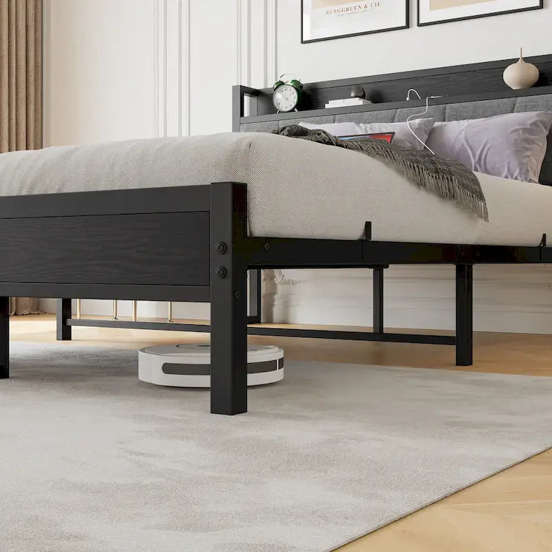 Lit plateforme Queen avec tête de lit de rangement et ports USB
