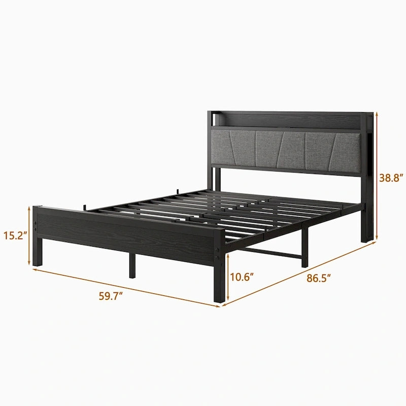 Lit plateforme Queen avec tête de lit de rangement et ports USB