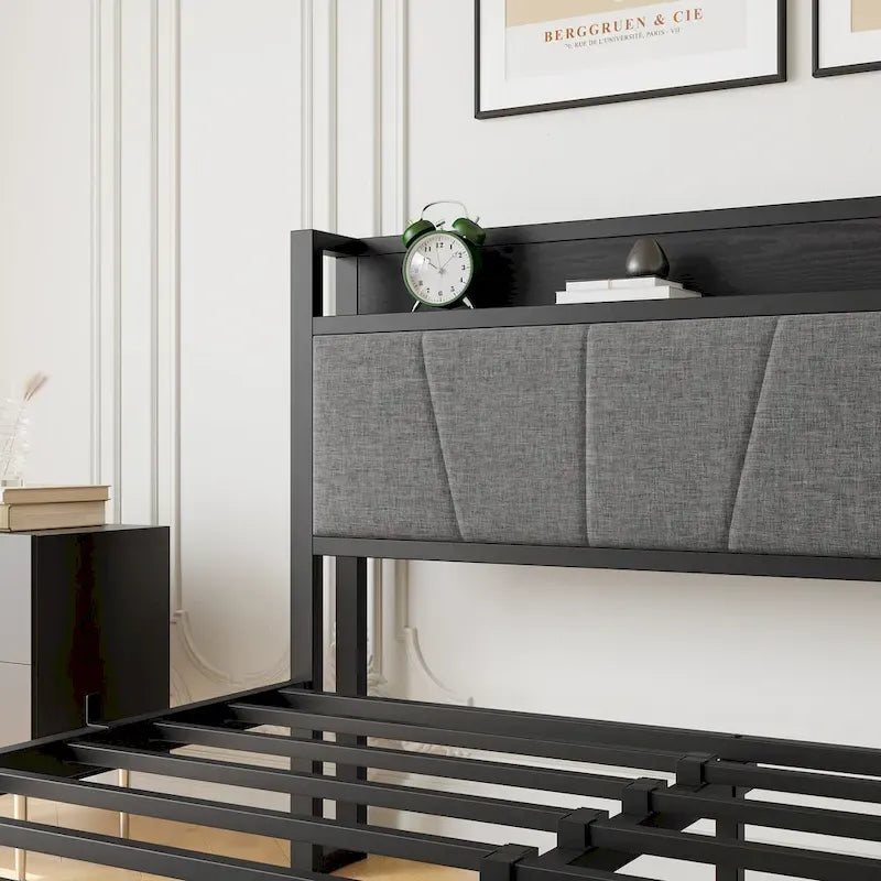 Lit plateforme Queen avec tête de lit de rangement et ports USB