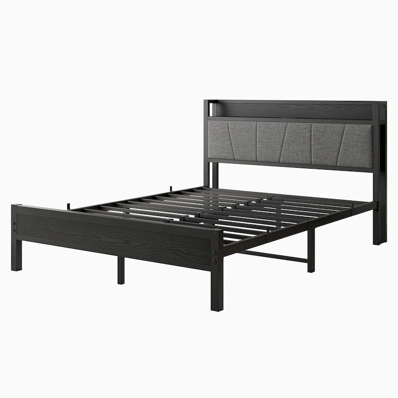 Lit plateforme Queen avec tête de lit de rangement et ports USB
