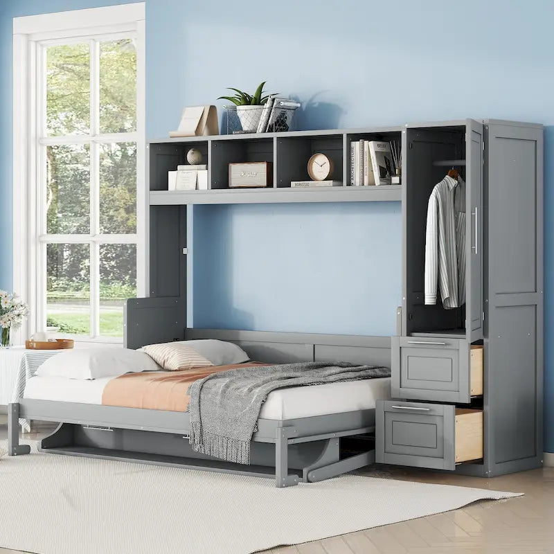 Full/Queen Smart Murphy Bed with Wardrobe & Storage, Space-Saving System
