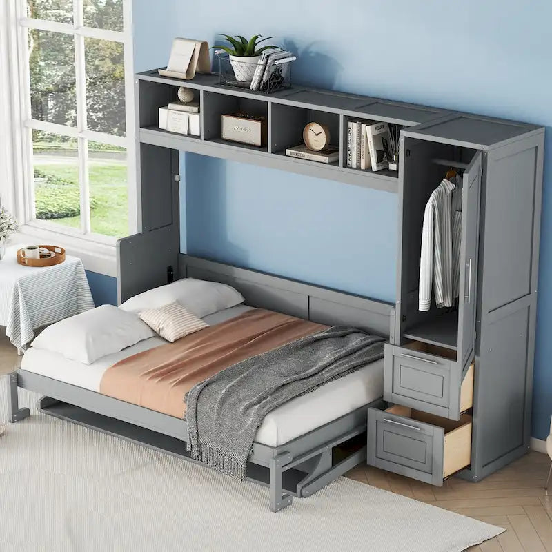 Full/Queen Smart Murphy Bed with Wardrobe & Storage, Space-Saving System
