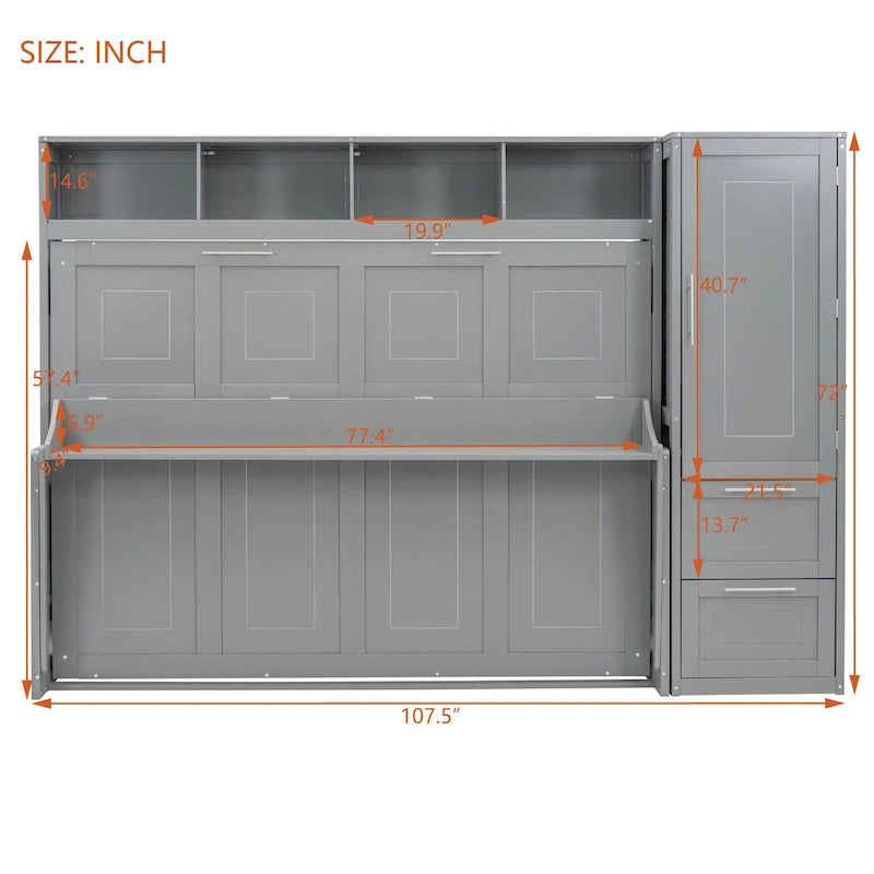 Full/Queen Smart Murphy Bed with Wardrobe & Storage, Space-Saving System