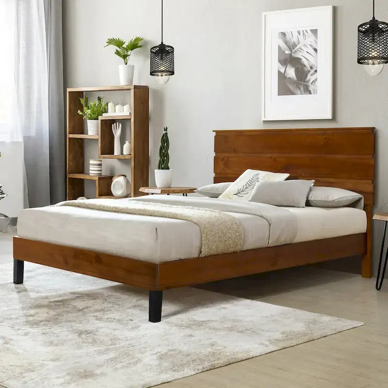 Mid-Century Modern Solid Wood Bed Frame Full Size Platform Bed with Three-Piece Headboard Design, No Box Spring Needed, Brown
