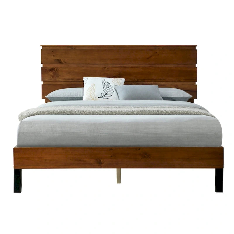 Mid-Century Modern Solid Wood Bed Frame Full Size Platform Bed with Three-Piece Headboard Design, No Box Spring Needed, Brown
