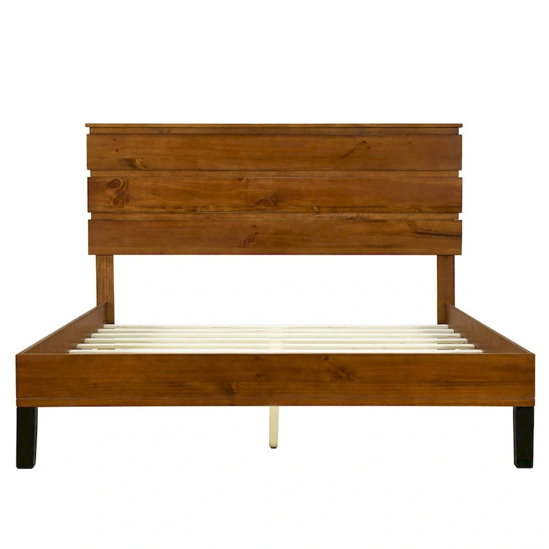 Mid-Century Modern Solid Wood Bed Frame Full Size Platform Bed with Three-Piece Headboard Design, No Box Spring Needed, Brown