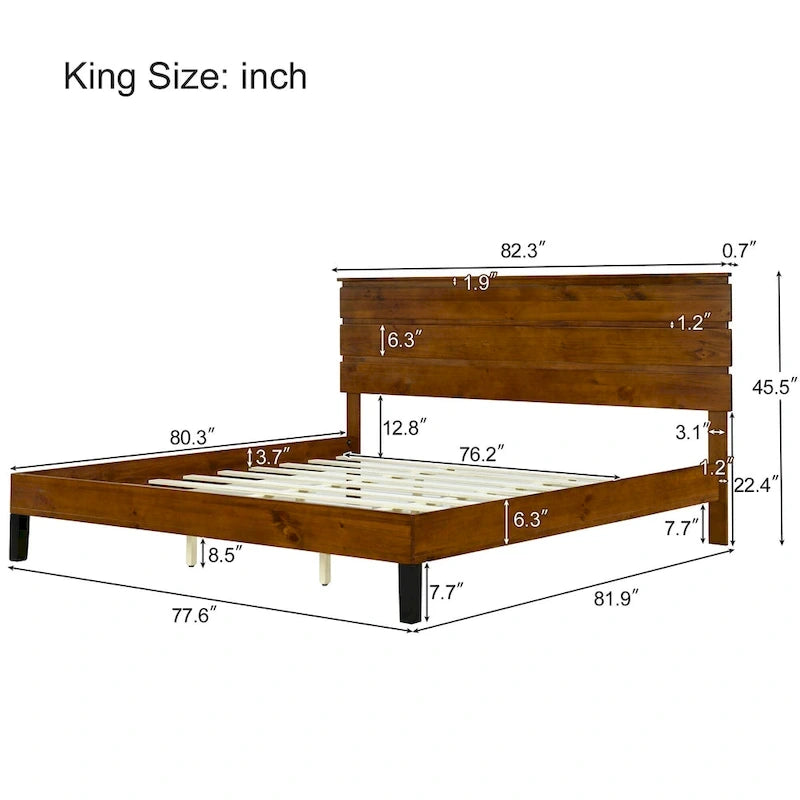 Mid-Century Modern Solid Wood Bed Frame Full Size Platform Bed with Three-Piece Headboard Design, No Box Spring Needed, Brown