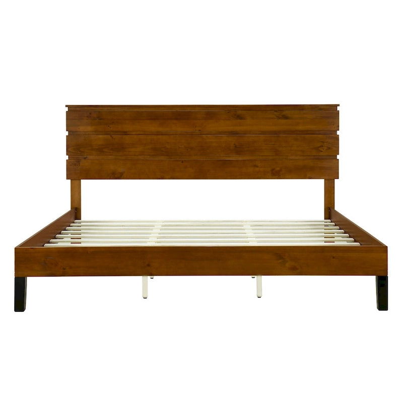 Mid-Century Modern Solid Wood Bed Frame Full Size Platform Bed with Three-Piece Headboard Design, No Box Spring Needed, Brown